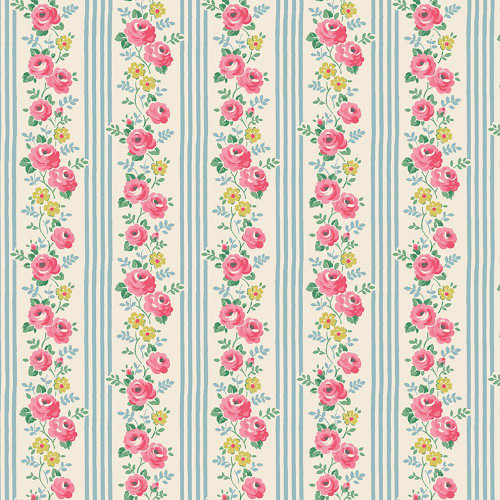 Riley Blake Fabrics Cath Kidston Signature Collection Stripe Blue, fabric with pink rose and yellow floral pattern on blue and cream striped background.