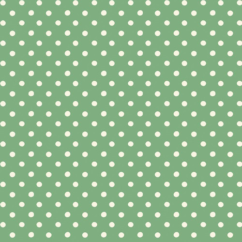 Riley Blake Fabrics Cath Kidston Signature Collection Button Spot Green, green fabric with white polka dots pattern.