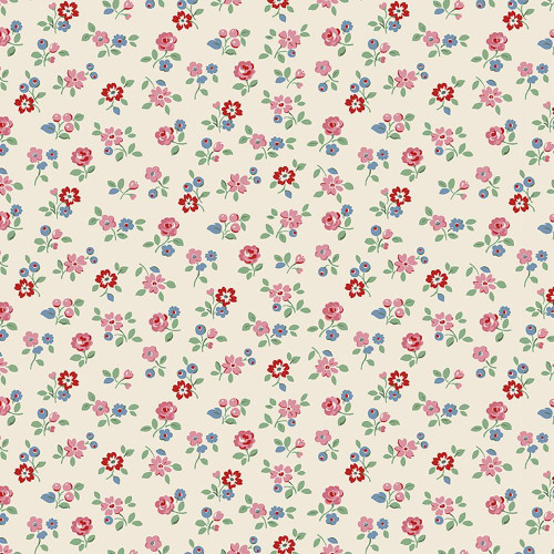 Riley Blake Fabrics Cath Kidston Signature Collection Arlington Ditsy Cream, fabric with a cream background and small pink, red, and blue floral pattern.