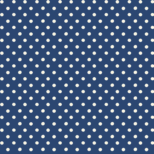 Riley Blake Fabrics Cath Kidston Signature Collection Button Spot Navy, close-up of navy fabric with white polka dots.