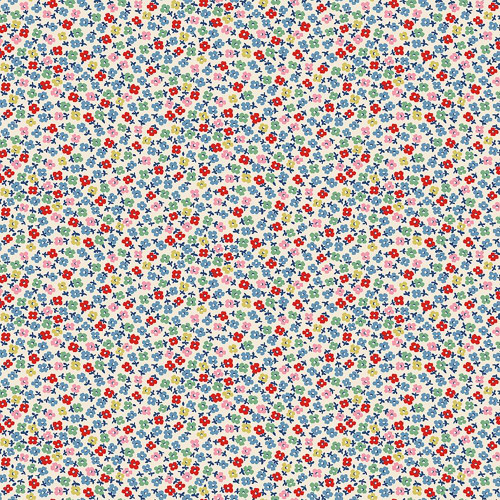 Riley Blake Fabrics Cath Kidston Signature Collection Teeny One Cream, fabric with small yellow, pink, red, blue, and green floral pattern on a cream background.
