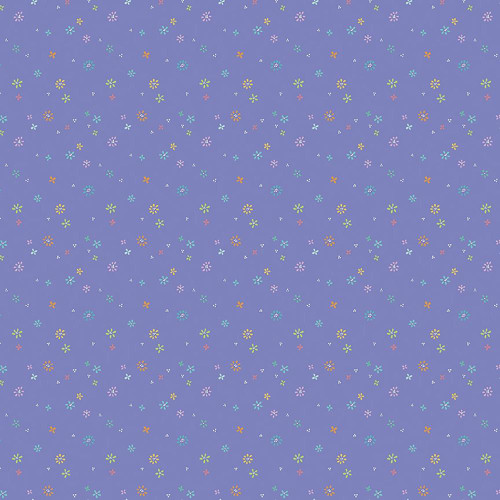 Riley Blake Fabrics Chasing Rainbows Leslie Ryan Garden Sprinkles Purple, colorful floral sprinkles pattern on a purple background.