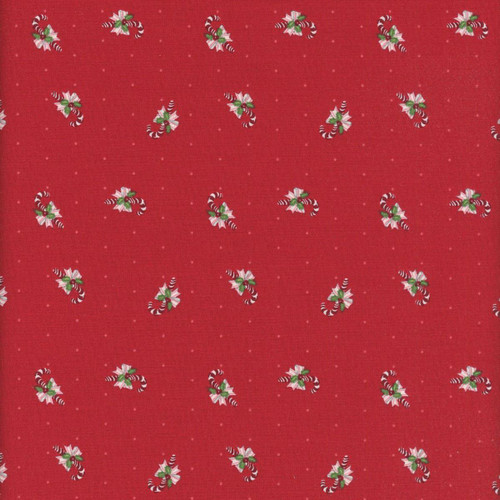 Riley Blake Fabrics Claus and Co Melissa Mortenson Candy Cane Toss Red, festive red fabric with a pattern of candy canes, white poinsettia flowers, and green holly leaves.