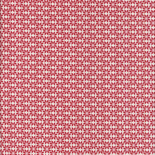 Riley Blake Fabrics Claus and Co Melissa Mortenson Star Pattern Red, fabric with a festive star pattern in red and white with small green accents.