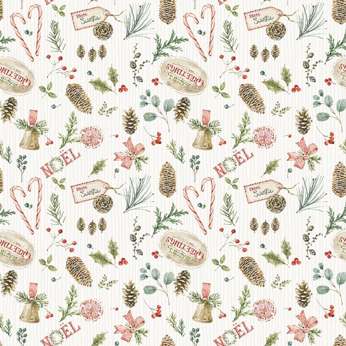 Riley Blake Fabrics Holiday Spirit Lisa Audit Christmas Toss Cream, festive Christmas-themed pattern with pinecones, holly, candy canes, bows, and holiday greetings.