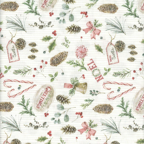 Riley Blake Fabrics Holiday Spirit Lisa Audit Christmas Toss Cream, festive holiday-themed fabric with pine cones, holly leaves, red berries, candy canes, ribbons, and Christmas tags on a cream background.