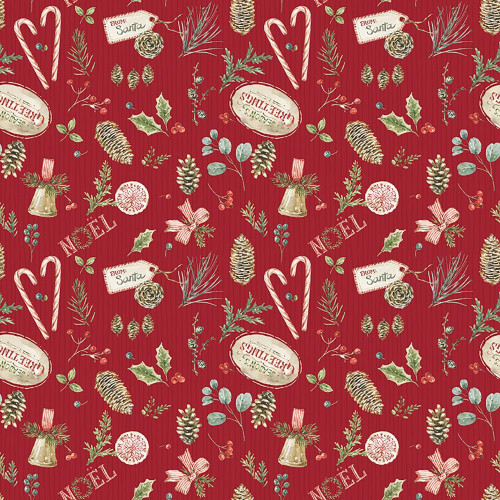 Riley Blake Fabrics Holiday Spirit Lisa Audit Christmas Toss Red, festive holiday pattern featuring Christmas-themed elements like ornaments, holly, pinecones, candy canes, bells, bows, and tags with "From Santa" on a red background.