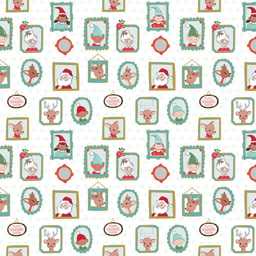 Riley Blake Fabrics Claus and Co Melissa Mortenson Wallpaper White, Christmas themed fabric pattern featuring festive characters like Santa Claus, reindeer, elves, and holiday decorations in colorful frames.