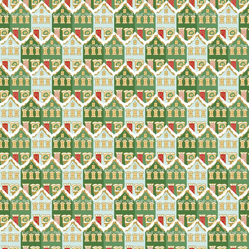 Riley Blake Fabrics Claus and Co Melissa Mortenson Christmas Houses Green, a repeating pattern of festive houses with snow-covered rooftops and holiday decorations in green, red, white, and gold colors.