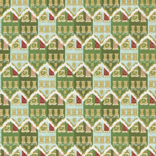 Riley Blake Fabrics Claus and Co Melissa Mortenson Christmas Houses Green, Christmas-themed fabric with a repeating pattern of houses, trees, and decorative designs in green, red, and beige.