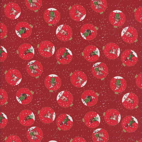 Riley Blake Fabrics Claus and Co Melissa Mortenson Ornaments Red, festive Christmas fabric with red background featuring angel ornaments, snow, and holiday patterns.