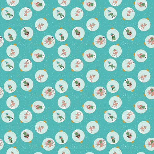 Riley Blake Fabrics Claus and Co Melissa Mortenson Ornaments Blue, fabric with Christmas ornament designs featuring whimsical reindeer and festive characters on a blue background.