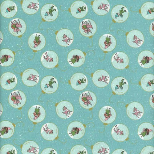 Riley Blake Fabrics Claus and Co Melissa Mortenson Ornaments Blue, a fabric pattern featuring pink and green unicorn ornaments on a light blue background with white speckles.