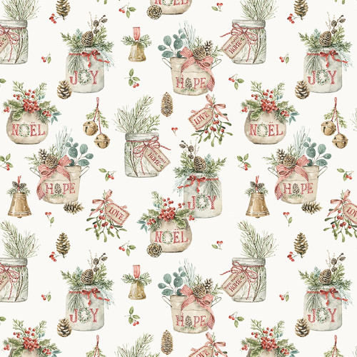 Riley Blake Fabrics Holiday Spirit Lisa Audit Main Cream, festive Christmas pattern with jars of holiday greenery, pinecones, berries, ornaments, and holiday words.
