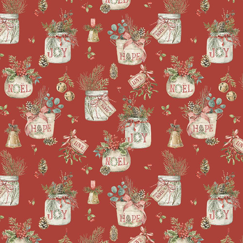 Riley Blake Fabrics Holiday Spirit Lisa Audit Main Red, festive Christmas pattern with jars labeled Joy, Hope, and Noel filled with holiday greenery and accents.