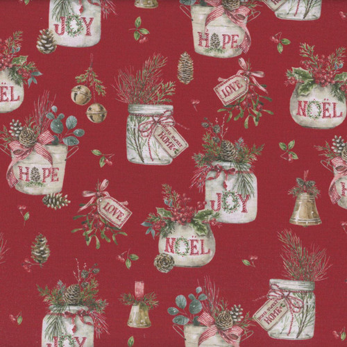 Riley Blake Fabrics Holiday Spirit Lisa Audit Main Red, Christmas-themed fabric with festive mason jars filled with holiday decorations, pinecones, berries, and greenery on a red background.