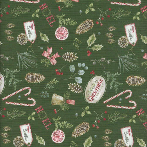 Riley Blake Fabrics Holiday Spirit Lisa Audit Christmas Toss Green - Christmas themed fabric with pinecones, holly leaves, berries, candy canes, Christmas tags, and festive decorations on a green background.