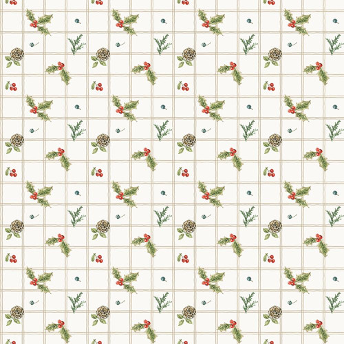 Riley Blake Fabrics Holiday Spirit Lisa Audit Berries Cream, fabric featuring a festive holiday pattern with holly leaves, red berries, pinecones, and greenery on a cream background.