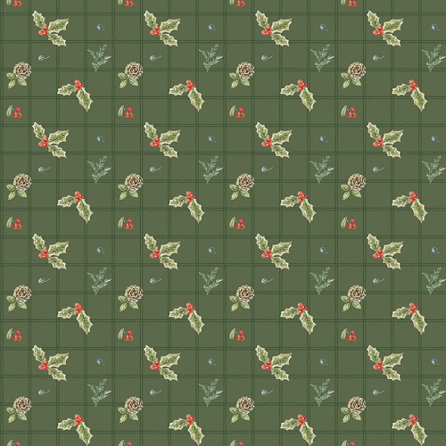 Riley Blake Fabrics Holiday Spirit Lisa Audit Berries Green, Christmas-themed fabric with holly, pinecones, and berries pattern on green background.