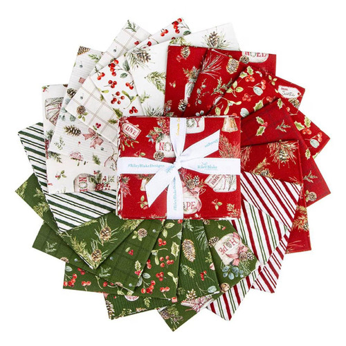 Riley Blake Fabrics Holiday Spirit Lisa Audit Fat Quarter Bundle, 18 Pcs, featuring festive holiday patterns in red, green, and white, with images of holly, pinecones, presents, and Christmas ornaments.