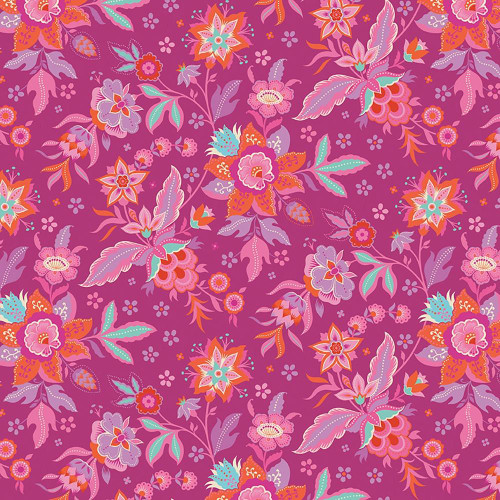 Riley Blake Fabrics Kipling Gardens Lily Ashbury Jacobean Floral Fuchsia, vibrant floral pattern with pink, orange, purple, and teal flowers and leaves on a purple background.