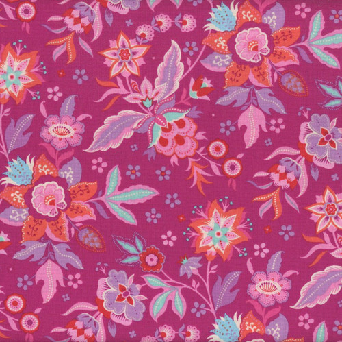 Riley Blake Fabrics Kipling Gardens Lily Ashbury Jacobean Floral Fuchsia, vibrant floral fabric with pink, purple, and aqua flowers and leaves on a fuchsia background.