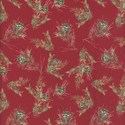 Riley Blake Fabrics Holiday Spirit Lisa Audit Pinecones Red, Christmas themed fabric with pinecones and pine branches on a red background.
