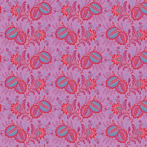 Riley Blake Fabrics Kipling Gardens Lily Ashbury Pemberly Violet Purple, floral print fabric with pink, violet, blue, and red colors in a detailed garden pattern.