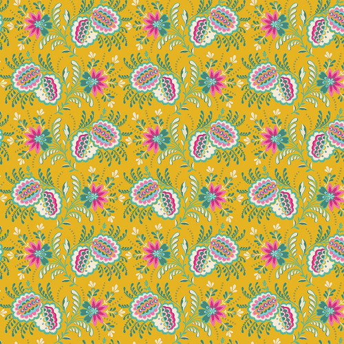 Riley Blake Fabrics Kipling Gardens Lily Ashbury Pemberly Mustard Yellow, floral fabric with colorful flowers, leaves, and intricate patterns in pink, blue, white, and green on a mustard yellow background.