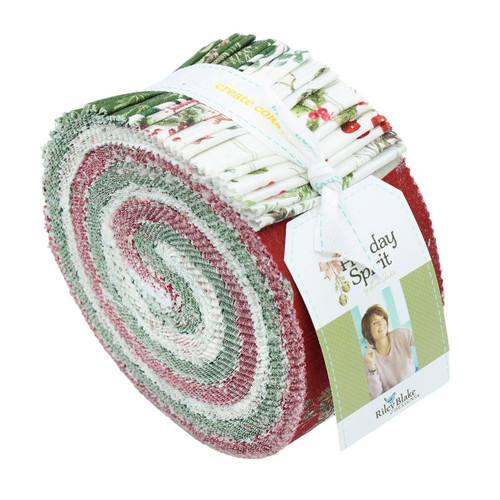 Riley Blake Fabrics Holiday Spirit Lisa Audit 2.5 Inch Rolie Polie, 40 Pcs, colorful fabric roll featuring Christmas holiday patterns and designs.