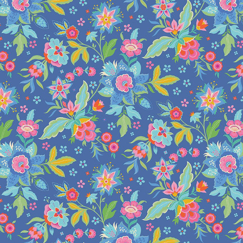 Riley Blake Fabrics Kipling Gardens Lily Ashbury Jacobean Floral Blueberry Blue, vibrant floral pattern on a blue background with pink, green, yellow, and white accents.