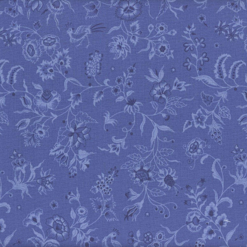 Riley Blake Fabrics Kipling Gardens Lily Ashbury Haviland Blueberry Blue, floral and bird pattern in shades of blue.