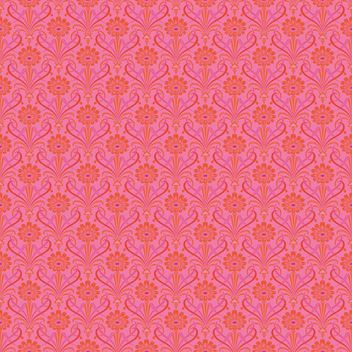 Riley Blake Fabrics Kipling Gardens Lily Ashbury Fairweather Hot Pink, floral and vine pattern fabric in pink and orange hues.