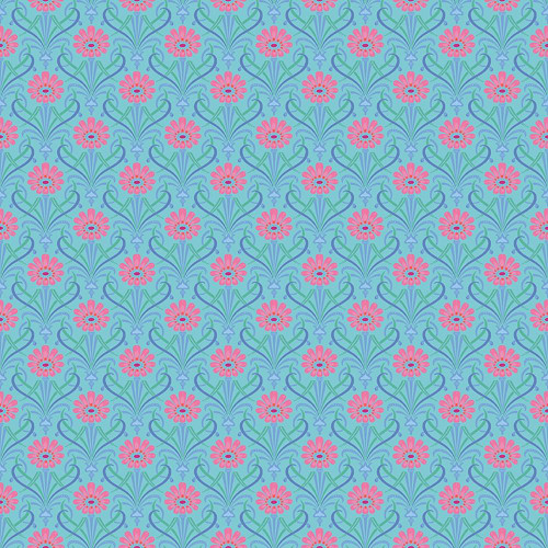 Riley Blake Fabrics Kipling Gardens Lily Ashbury Fairweather Blue, floral pattern with pink flowers, green vines, and blue background.