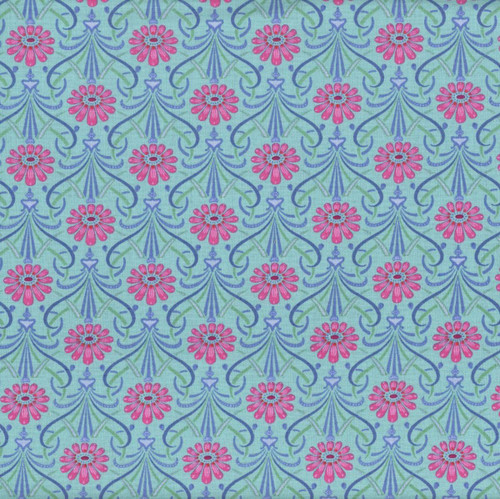 Riley Blake Fabrics Kipling Gardens Lily Ashbury Fairweather Blue, floral and vine pattern in pink, blue, and green on a blue background.