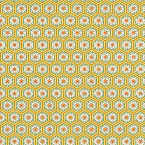 Riley Blake Fabrics Kipling Gardens Lily Ashbury Everly Curry Yellow, vibrant fabric with a honeycomb hexagonal pattern featuring colorful floral motifs in white, pink, and blue on a bright yellow background.