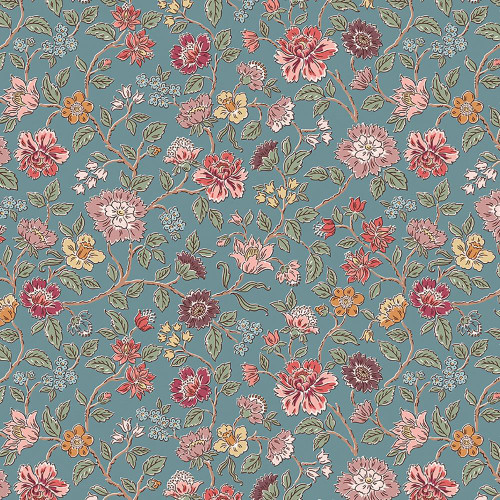 Riley Blake Fabrics Northanger Abbey Jane Austen Morland Blue, floral fabric with pink, purple, yellow flowers and green leaves on a blue background.