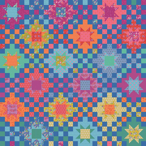 Riley Blake Fabrics Taralee Quiltery Flicker Quilt Pattern, colorful patchwork fabric featuring stars and checkered patterns in pink, blue, orange, yellow, and green shades.