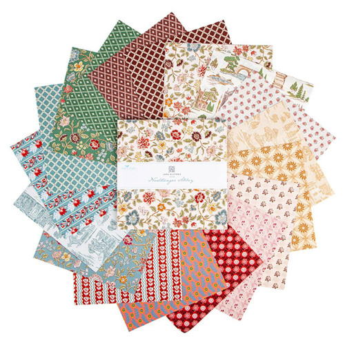 Riley Blake Fabrics Northanger Abbey Jane Austen 10 Inch Stacker, 42 Pcs, fabric bundle featuring vintage floral, checkered, and period-inspired patterns in pastel and warm tones.