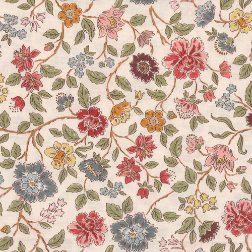 Riley Blake Fabrics Northanger Abbey Jane Austen Morland Cream, floral printed fabric with pink, yellow, blue, and brown flowers on a cream background.