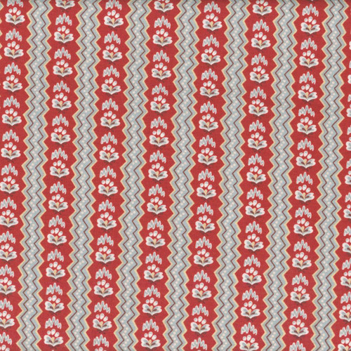 Riley Blake Fabrics Northanger Abbey Jane Austen General Red, fabric pattern featuring vertical stripes with floral and geometric motifs in red, white, and gray colors.