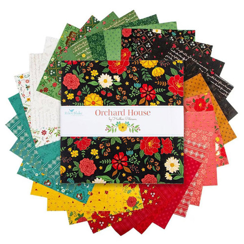 Riley Blake Fabrics Orchard House Heather Peterson 10 Inch Stacker, 42 Pcs, featuring a colorful assortment of floral and patterned fabric squares in various colors and designs.