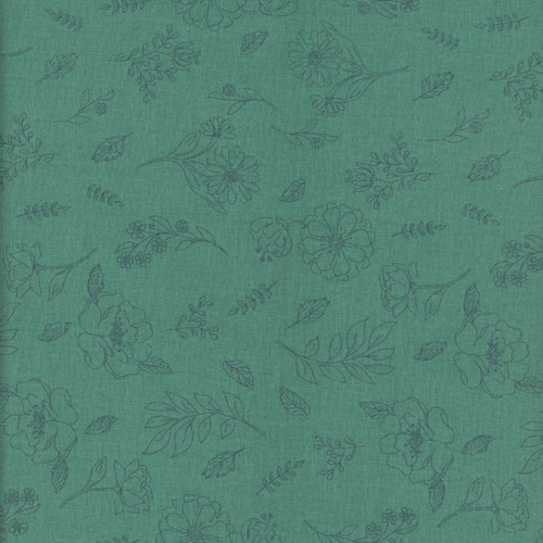 Riley Blake Fabrics Orchard House Heather Peterson Sketch Floral Teal Blue, fabric with floral and leaf outlines pattern in teal and blue colors.