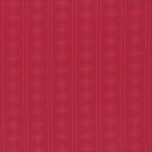 Riley Blake Fabrics Orchard House Heather Peterson Stripes Red, fabric with a red background and delicate white stripe and geometric pattern design.