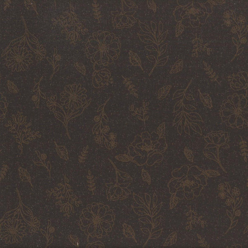 Riley Blake Fabrics Orchard House Heather Peterson Sketch Floral Black, fabric with a black background and gold floral sketches.