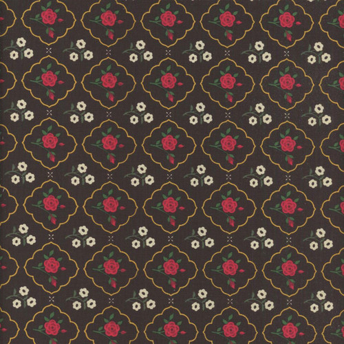 Riley Blake Fabrics Orchard House Heather Peterson Medallions Black, fabric with a floral pattern featuring pink roses in medallion shapes outlined in yellow on a black background.