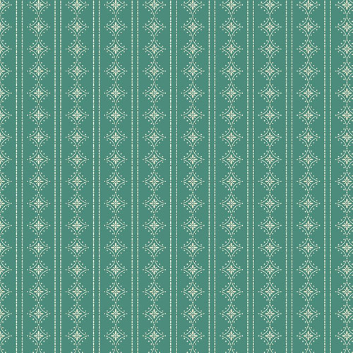 Riley Blake Fabrics Orchard House Heather Peterson Stripes Teal, a fabric with a teal background featuring intricate white stripe patterns and geometric floral motifs.