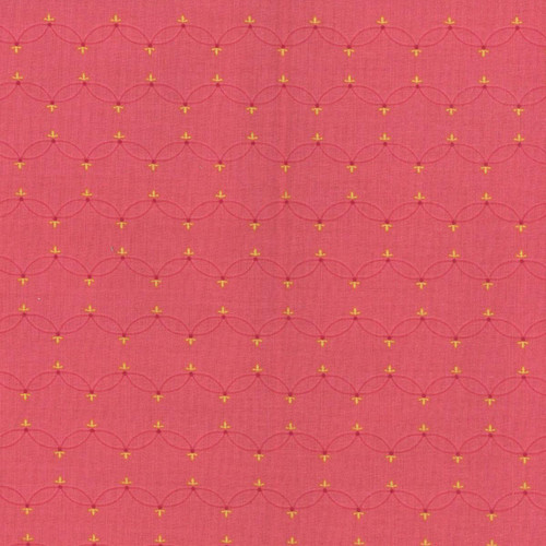 Riley Blake Fabrics Orchard House Heather Peterson Scallops Coral, fabric with a pink background featuring a repeating pattern of small yellow scallops and red curved lines.
