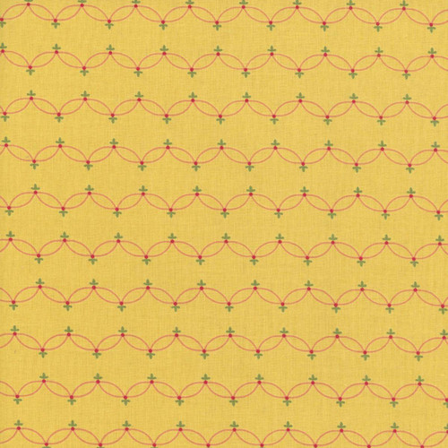 Riley Blake Fabrics Orchard House Heather Peterson Scallops Yellow, yellow fabric with a repeating pattern of pink scallops outlined with green leaves.
