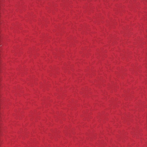Riley Blake Fabrics Orchard House Heather Peterson Tonal Flowers Red, red fabric with a subtle floral pattern of flowers and leaves.